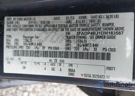 2013 Ford Fiesta Se from USA, damaged, VIN 3FADP4BJ1DM183587